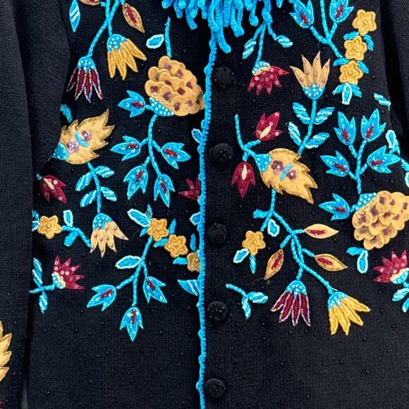 Berek Vintage Knit Fringe Black Blue Floral Embroidered Sweater Women Small - Picture 6 of 9
